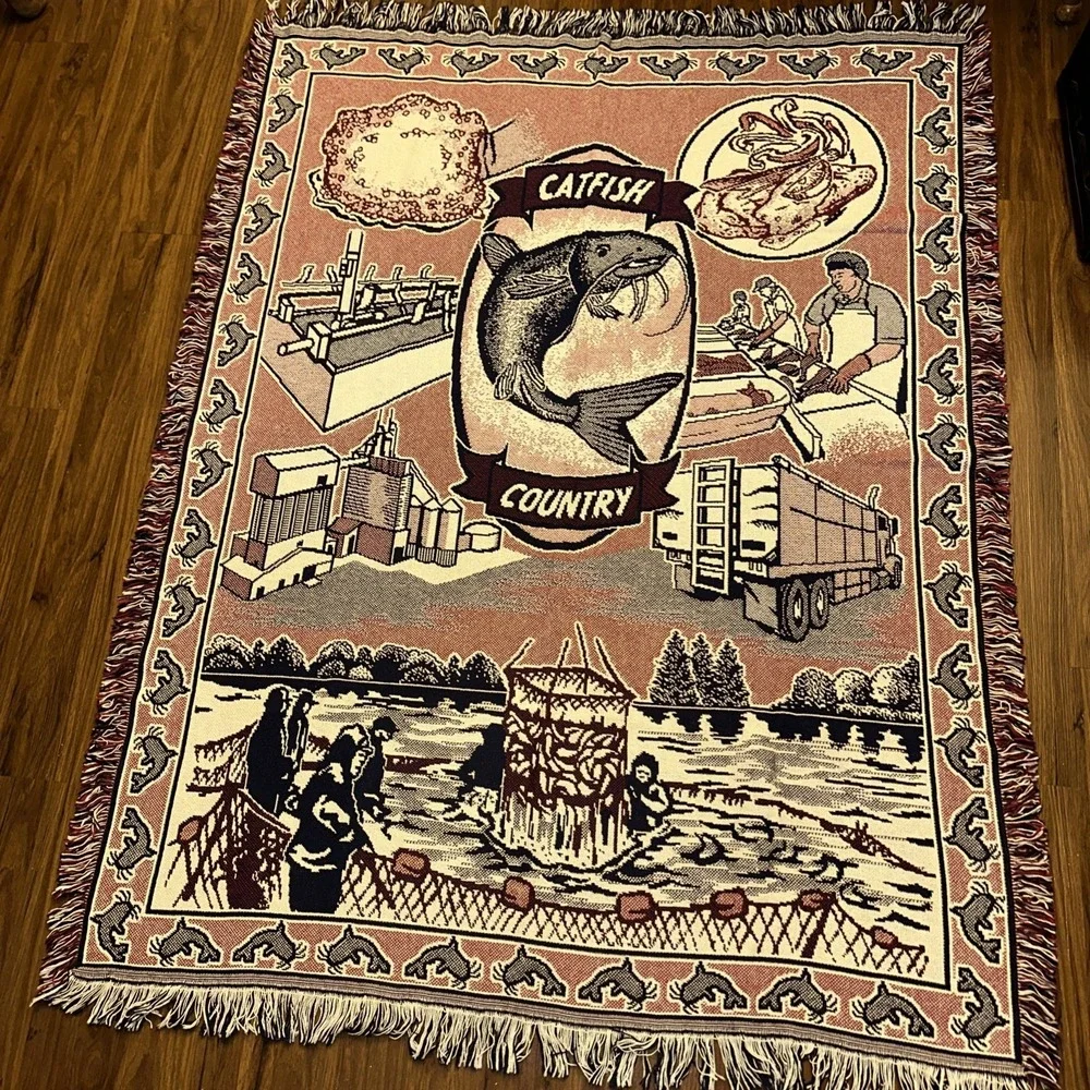 Catfish Country Woven Throw Blanket Fishing Fisherman Tapestry 70
